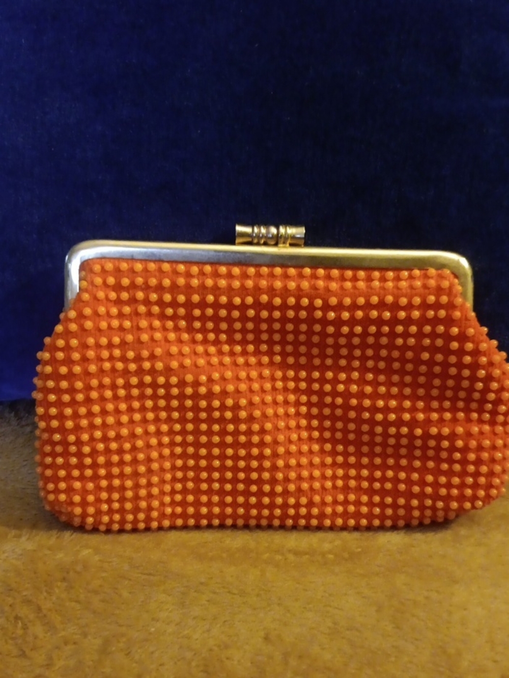 JEM Orange Beaded Frame Clutch with Gold Tone clasp